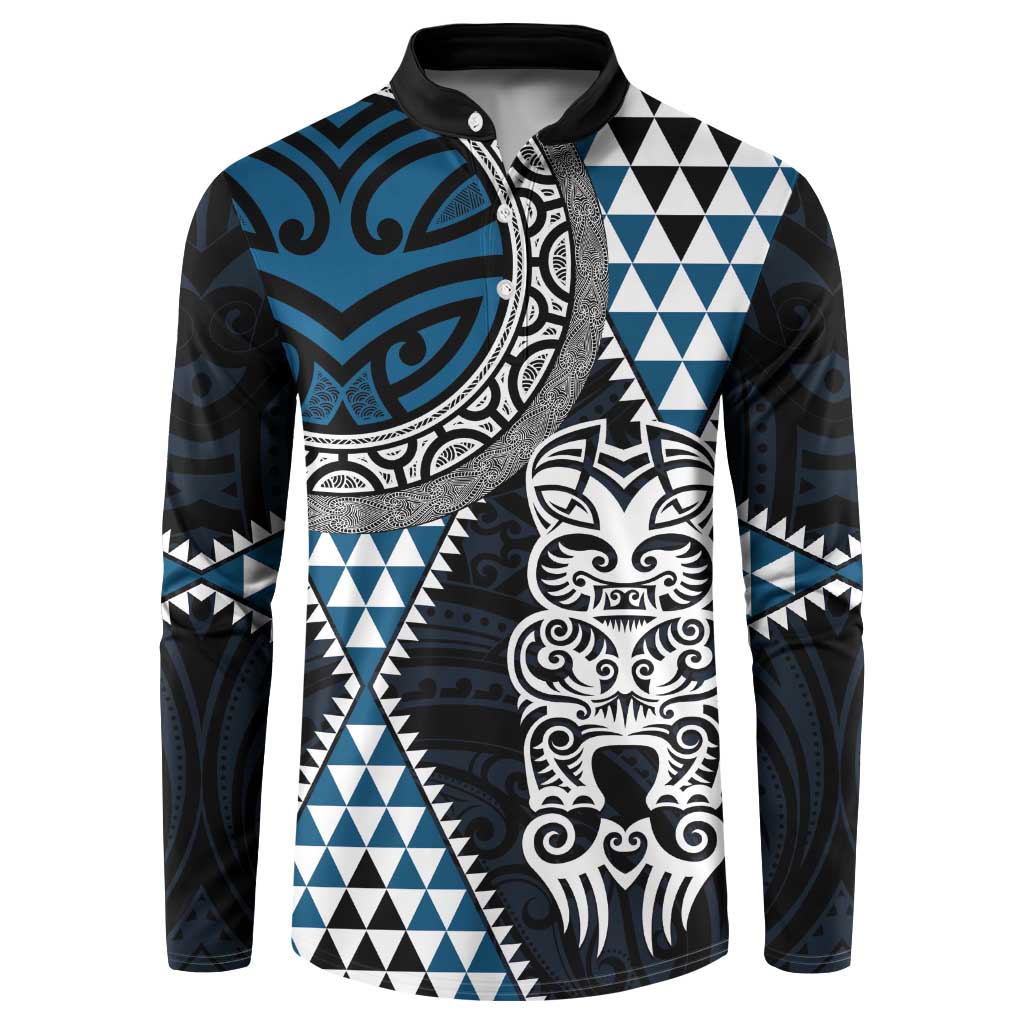 Blue Aotearoa Niho Taniwha Button Sweatshirt Maori Mythology Tooth - Taniko Motifs LT14 Blue - Polynesian Pride