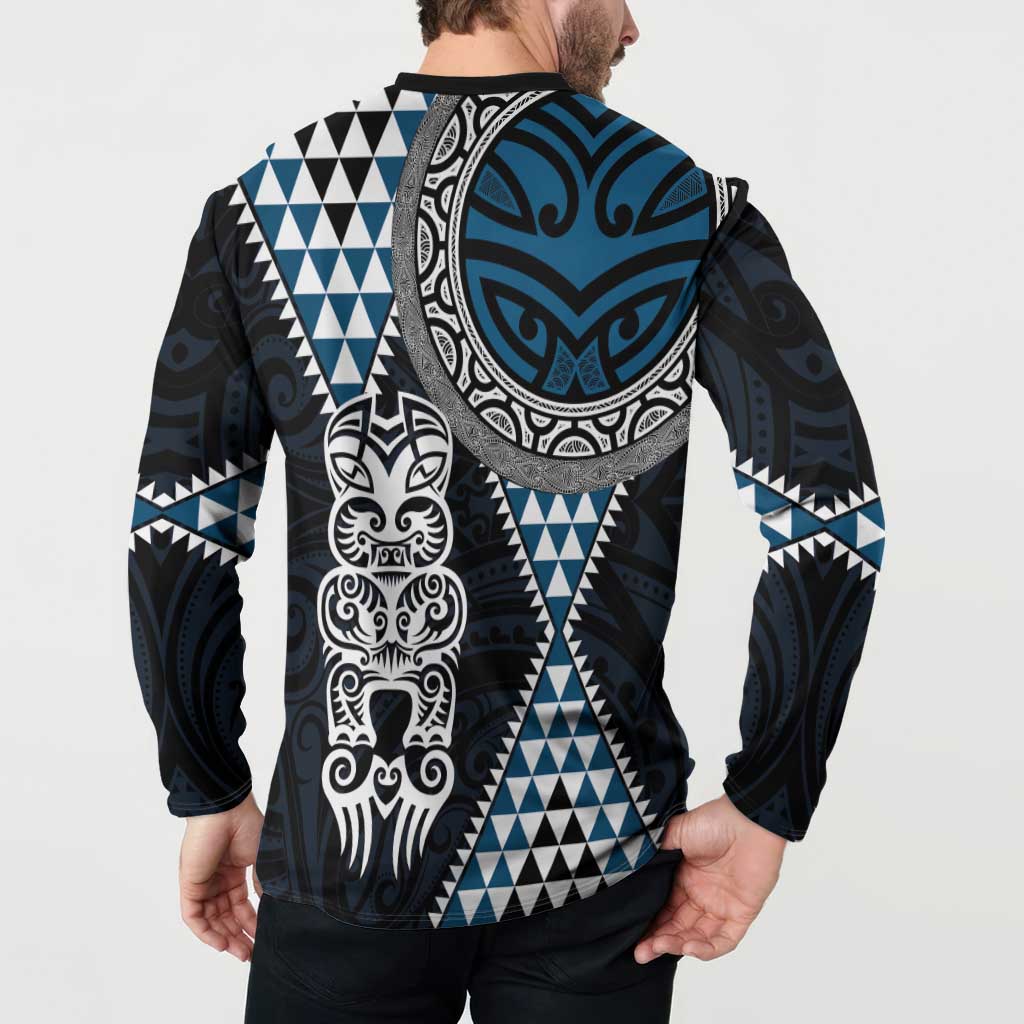 Blue Aotearoa Niho Taniwha Button Sweatshirt Maori Mythology Tooth - Taniko Motifs LT14 - Polynesian Pride