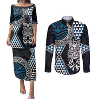 Blue Aotearoa Niho Taniwha Couples Matching Puletasi and Long Sleeve Button Shirt Maori Mythology Tooth - Taniko Motifs LT14 Blue - Polynesian Pride
