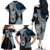 Blue Aotearoa Niho Taniwha Family Matching Off The Shoulder Long Sleeve Dress and Hawaiian Shirt Maori Mythology Tooth - Taniko Motifs