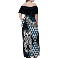 Blue Aotearoa Niho Taniwha Family Matching Off Shoulder Maxi Dress and Hawaiian Shirt Maori Mythology Tooth - Taniko Motifs