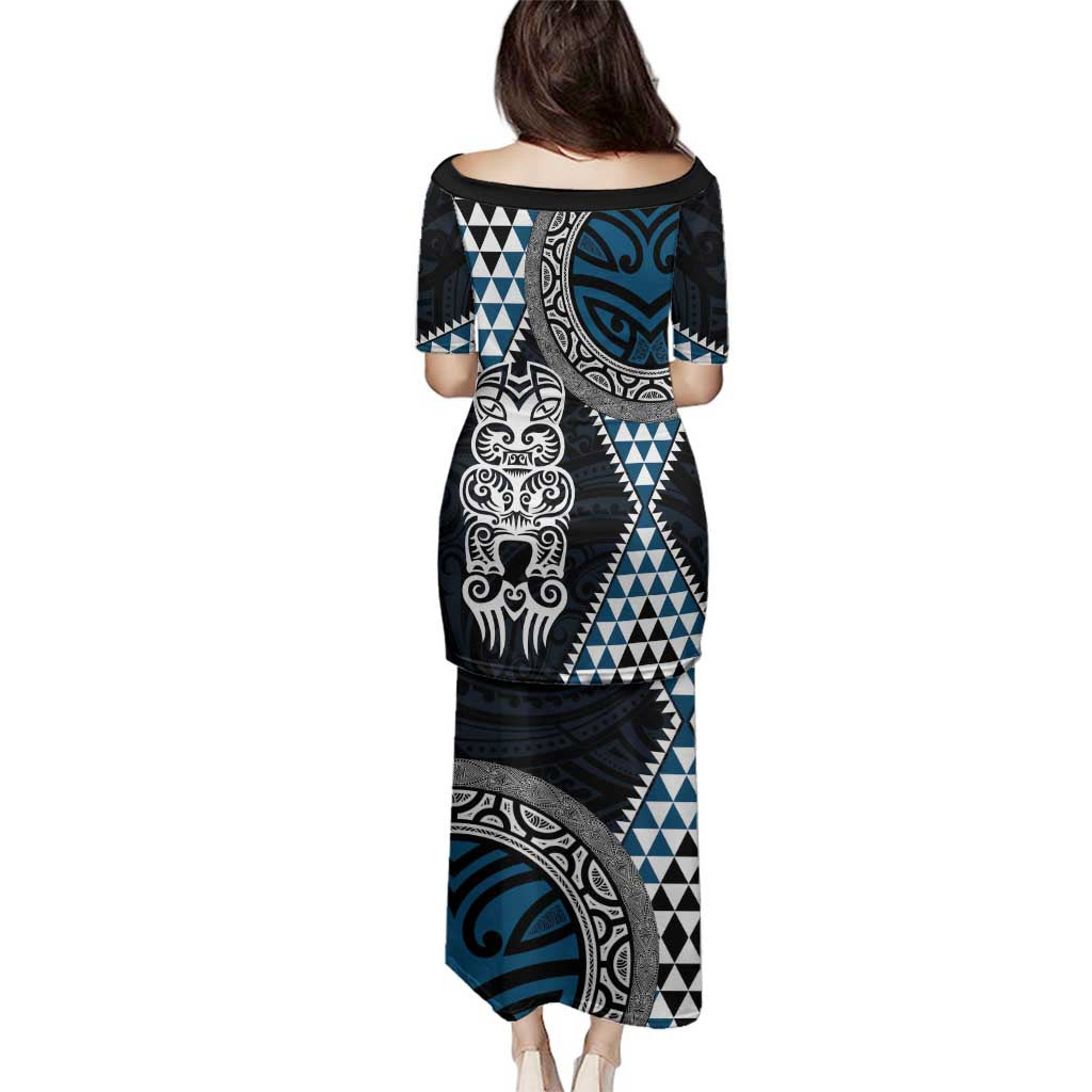 Blue Aotearoa Niho Taniwha Family Matching Puletasi and Hawaiian Shirt Maori Mythology Tooth - Taniko Motifs