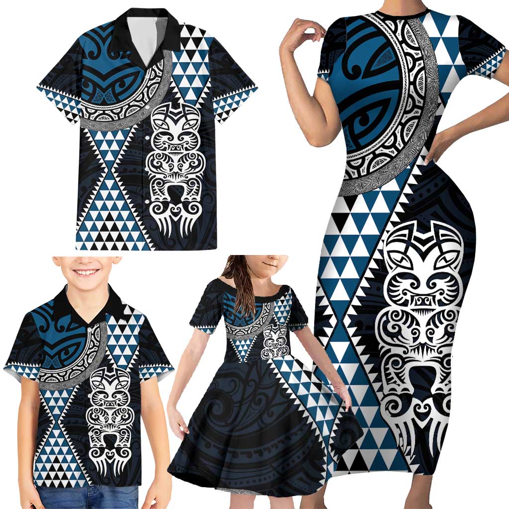 Blue Aotearoa Niho Taniwha Family Matching Short Sleeve Bodycon Dress and Hawaiian Shirt Maori Mythology Tooth - Taniko Motifs