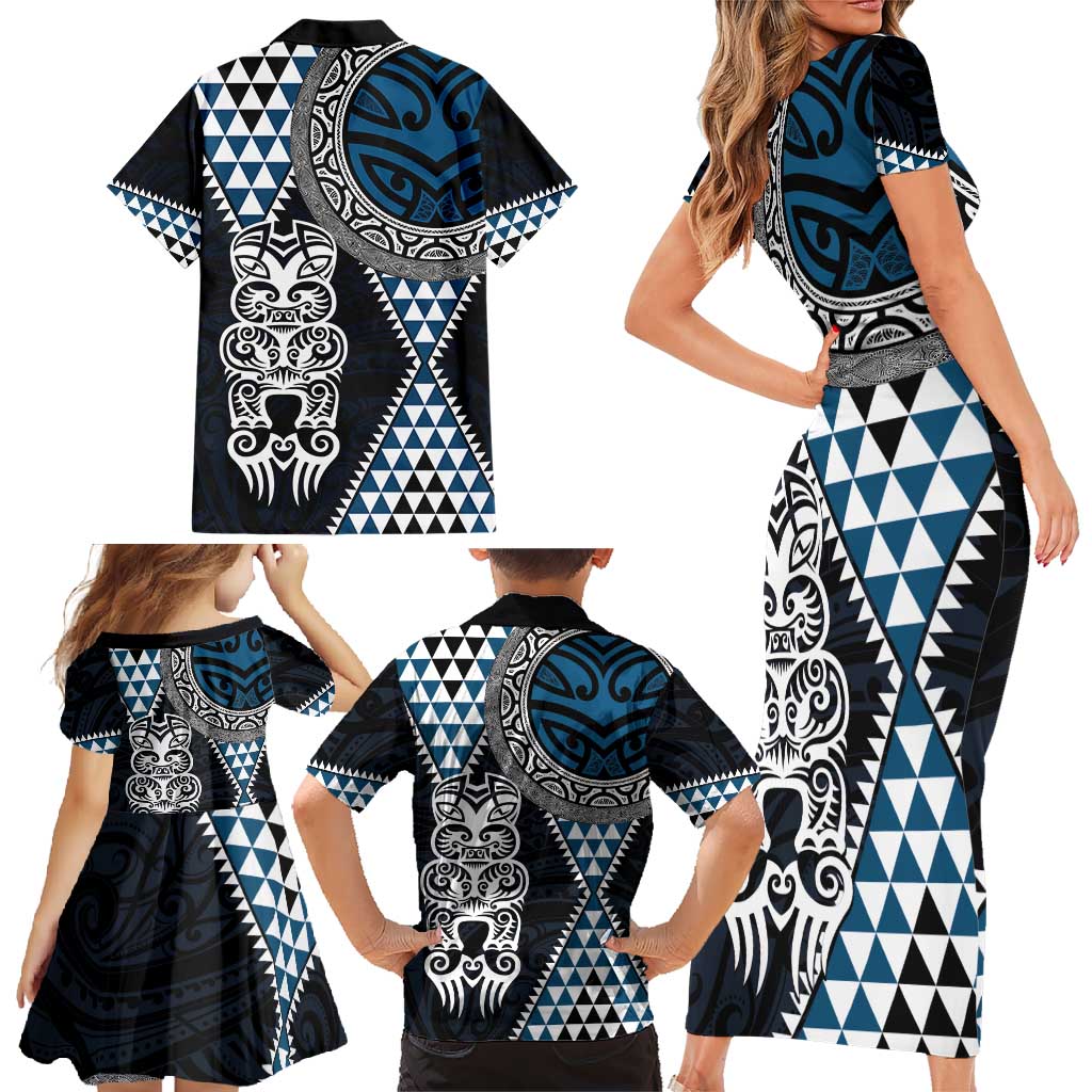 Blue Aotearoa Niho Taniwha Family Matching Short Sleeve Bodycon Dress and Hawaiian Shirt Maori Mythology Tooth - Taniko Motifs