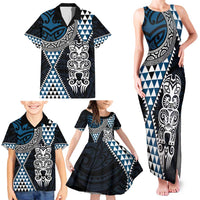 Blue Aotearoa Niho Taniwha Family Matching Tank Maxi Dress and Hawaiian Shirt Maori Mythology Tooth - Taniko Motifs