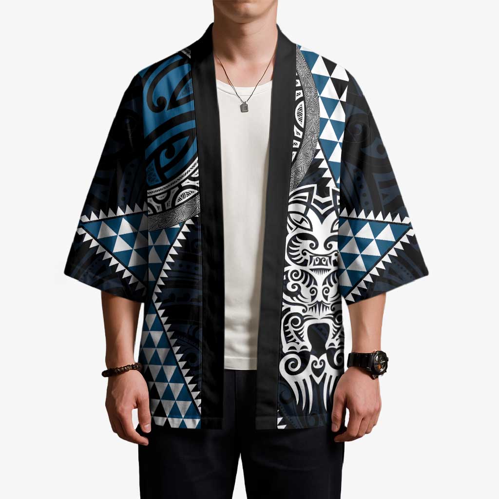 Blue Aotearoa Niho Taniwha Kimono Maori Mythology Tooth - Taniko Motifs - Polynesian Pride