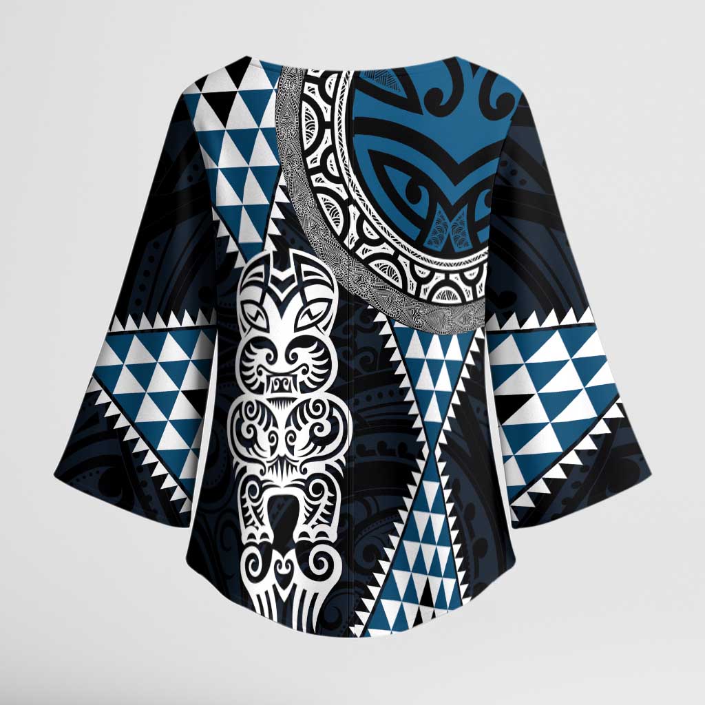 Blue Aotearoa Niho Taniwha Kimono Sleeve Blouse Maori Mythology Tooth - Taniko Motifs - Polynesian Pride