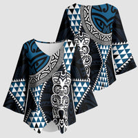 Blue Aotearoa Niho Taniwha Kimono Sleeve Blouse Maori Mythology Tooth - Taniko Motifs - Polynesian Pride