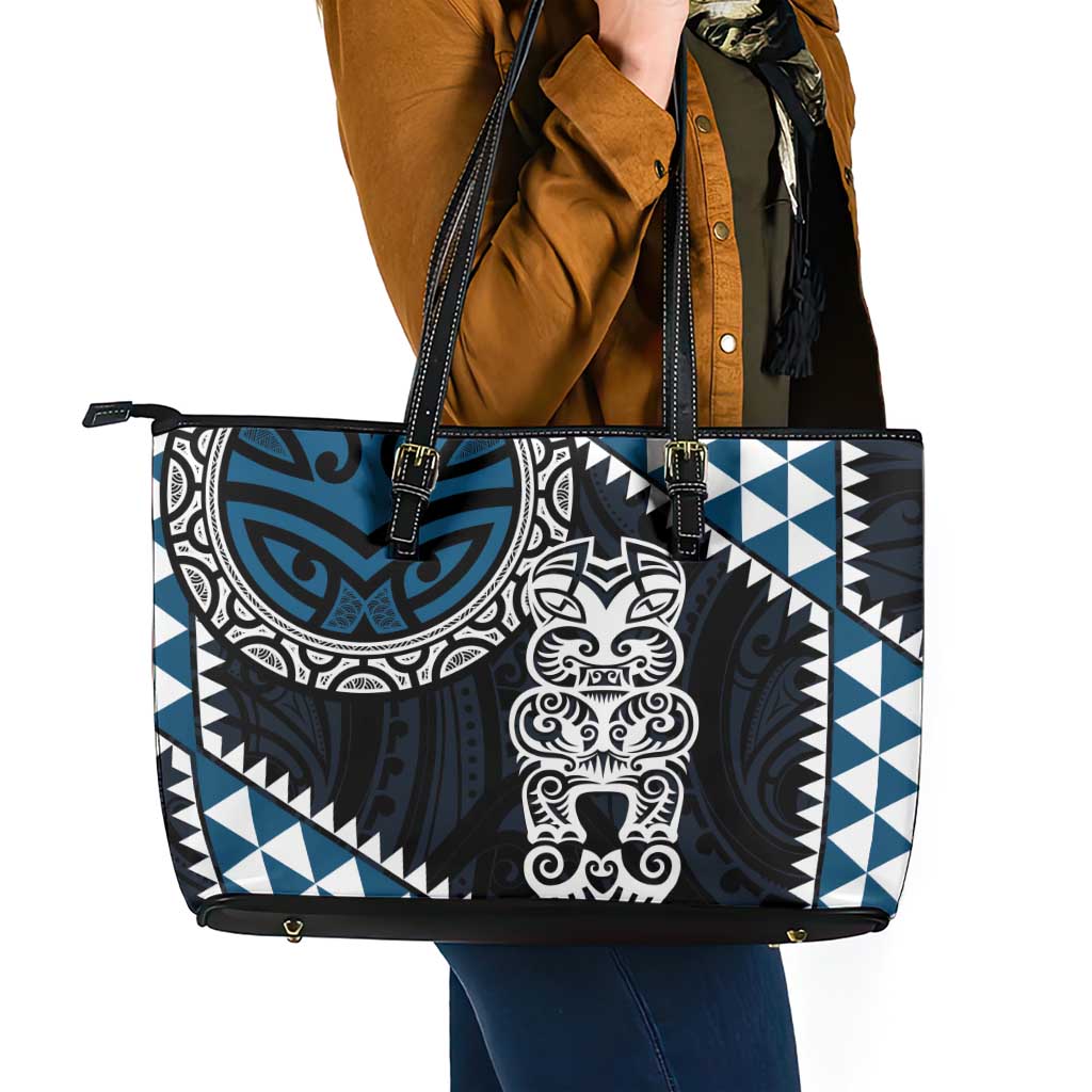 Blue Aotearoa Niho Taniwha Leather Tote Bag Maori Mythology Tooth - Taniko Motifs