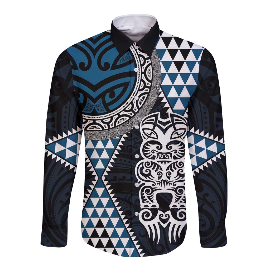 Blue Aotearoa Niho Taniwha Long Sleeve Button Shirt Maori Mythology Tooth - Taniko Motifs LT14 Unisex Blue - Polynesian Pride