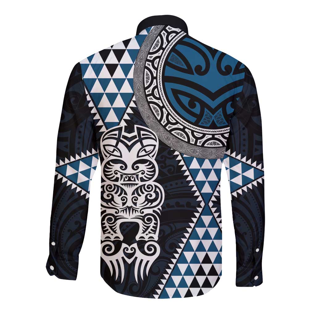 Blue Aotearoa Niho Taniwha Long Sleeve Button Shirt Maori Mythology Tooth - Taniko Motifs LT14 - Polynesian Pride
