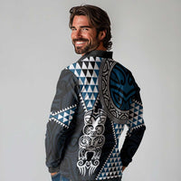 Blue Aotearoa Niho Taniwha Long Sleeve Polo Shirt Maori Mythology Tooth - Taniko Motifs