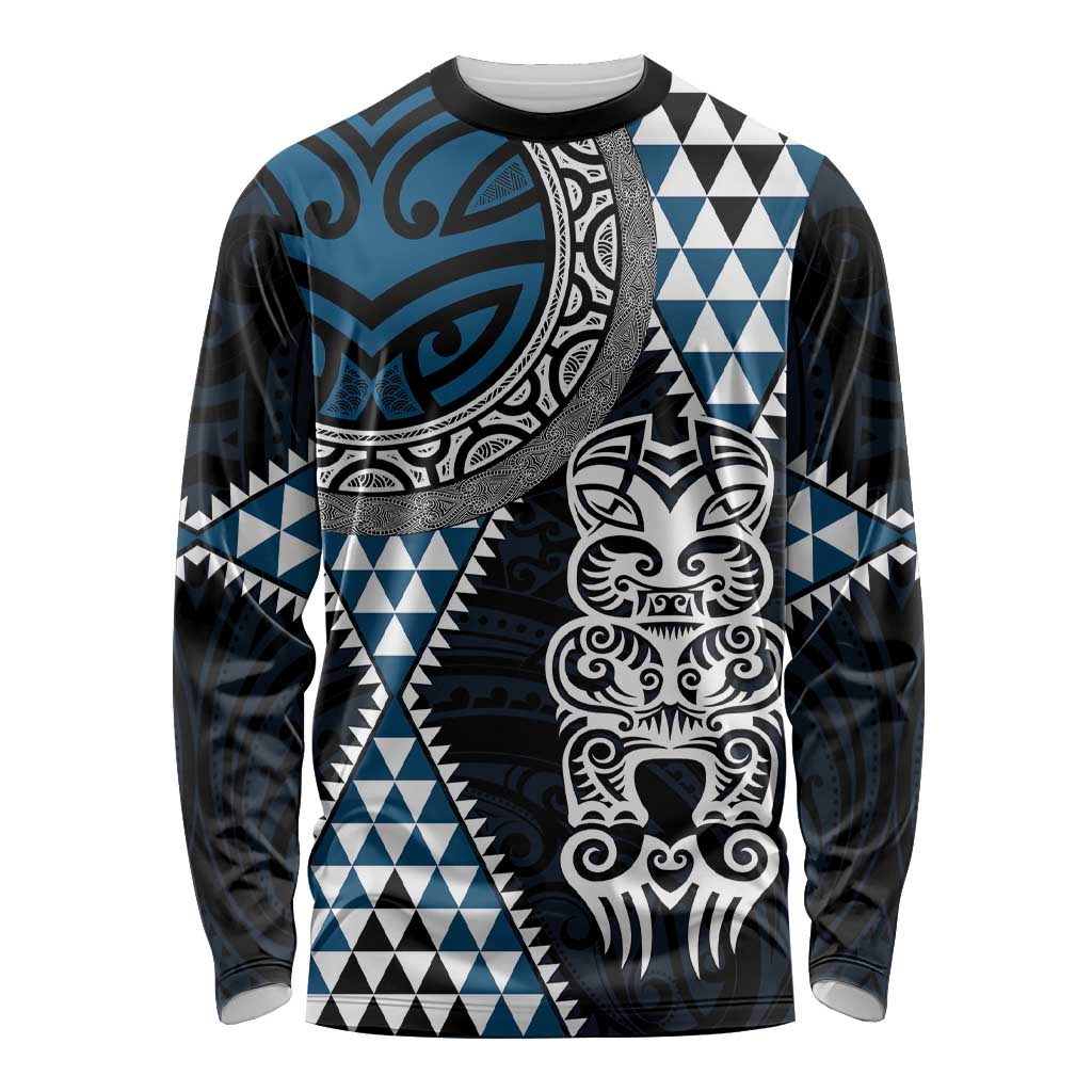 Blue Aotearoa Niho Taniwha Long Sleeve Shirt Maori Mythology Tooth - Taniko Motifs LT14 Unisex Blue - Polynesian Pride
