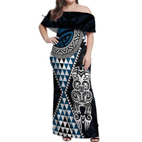 Blue Aotearoa Niho Taniwha Off Shoulder Maxi Dress Maori Mythology Tooth - Taniko Motifs LT14 Women Blue - Polynesian Pride