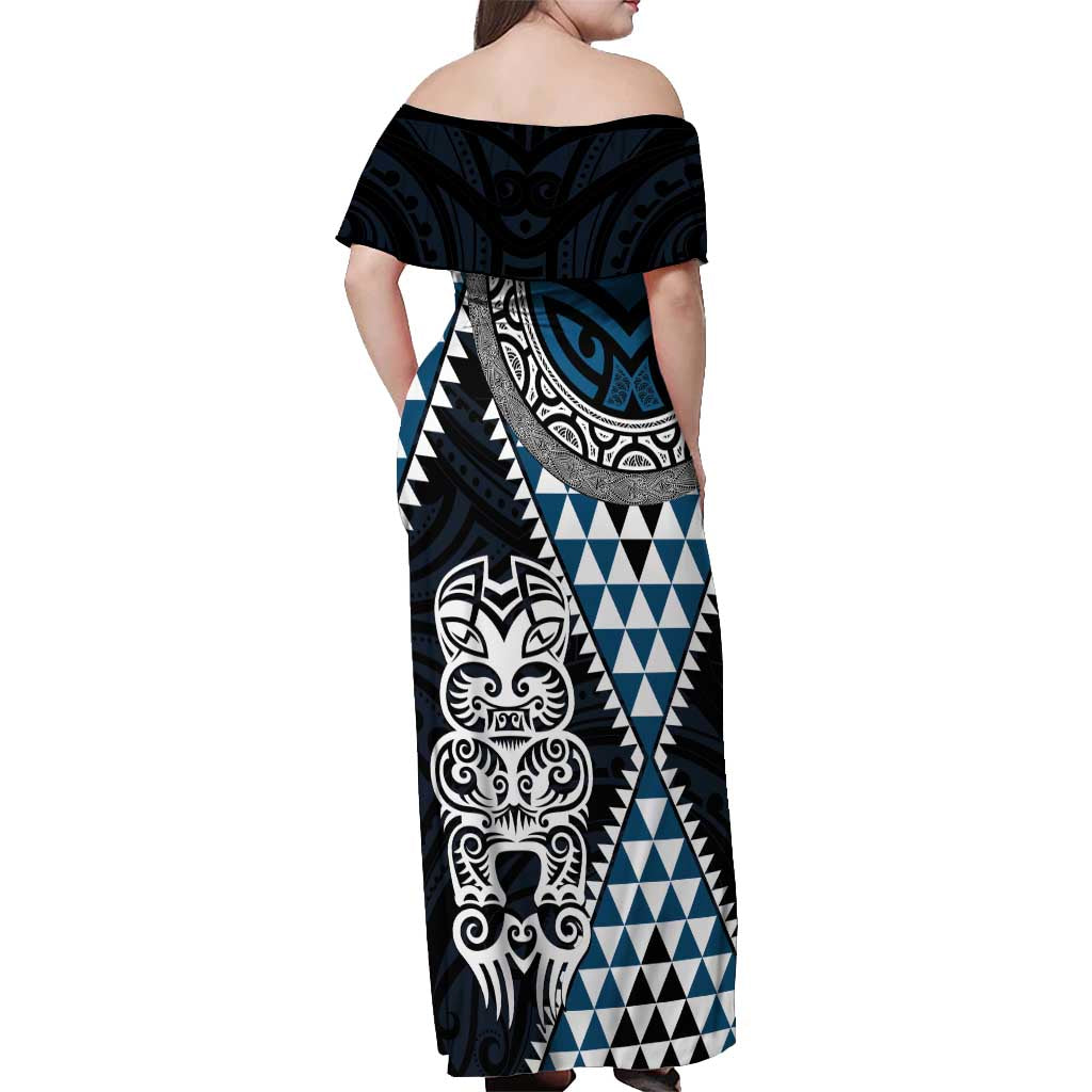 Blue Aotearoa Niho Taniwha Off Shoulder Maxi Dress Maori Mythology Tooth - Taniko Motifs LT14 - Polynesian Pride