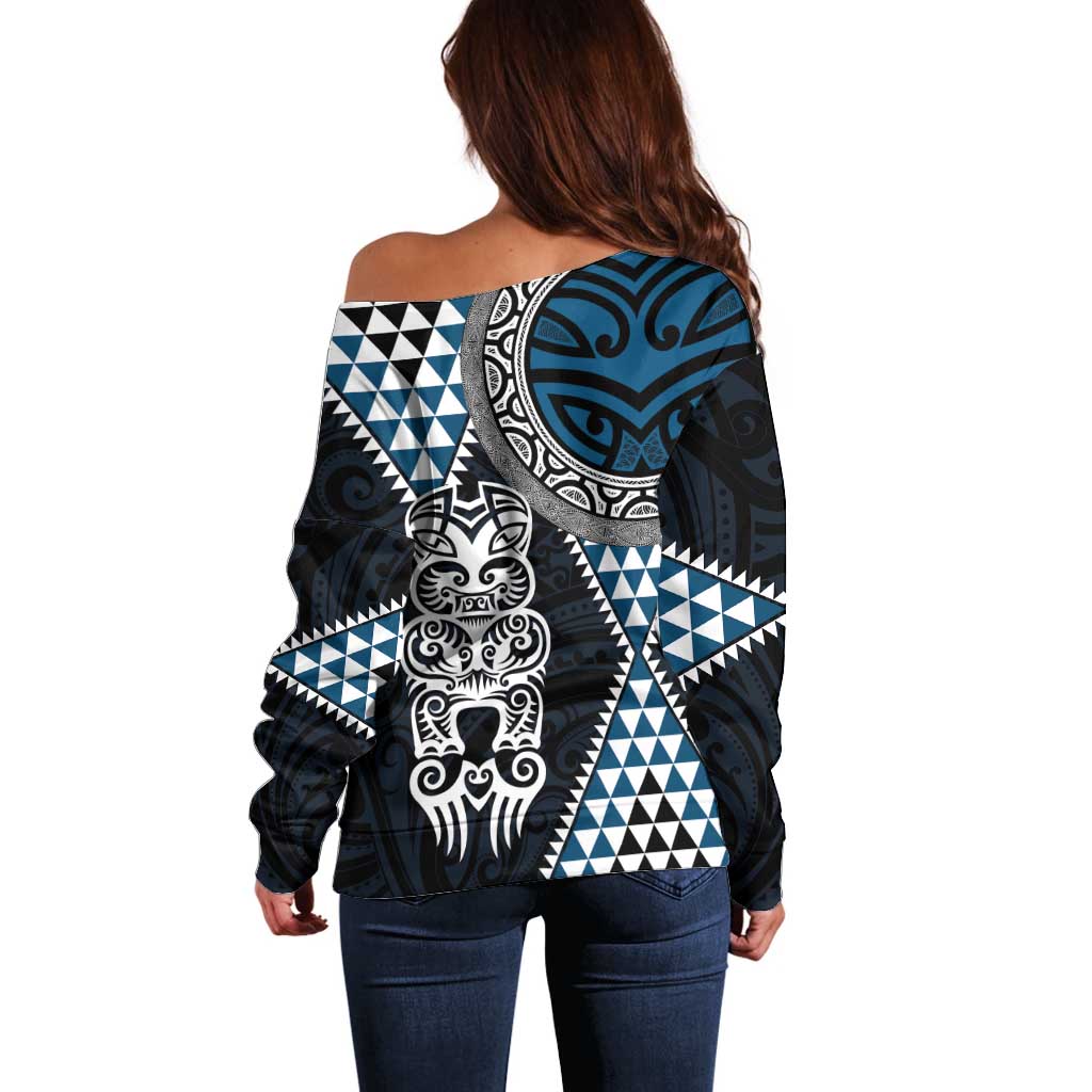 Blue Aotearoa Niho Taniwha Off Shoulder Sweater Maori Mythology Tooth - Taniko Motifs
