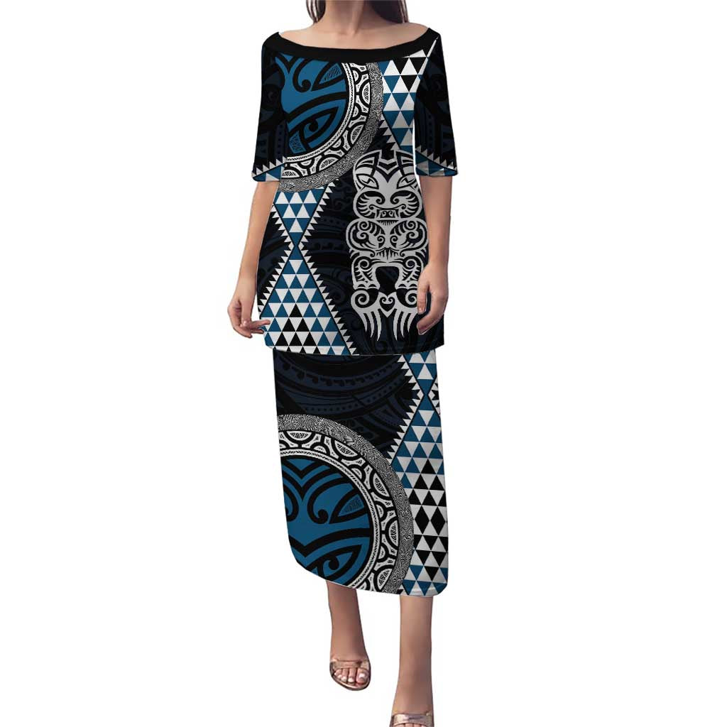 Blue Aotearoa Niho Taniwha Puletasi Maori Mythology Tooth - Taniko Motifs LT14 Long Dress Blue - Polynesian Pride