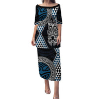Blue Aotearoa Niho Taniwha Puletasi Maori Mythology Tooth - Taniko Motifs LT14 Long Dress Blue - Polynesian Pride