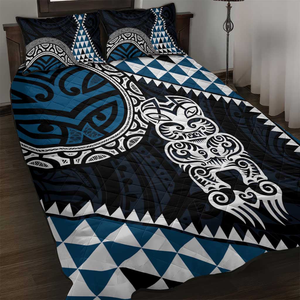 Blue Aotearoa Niho Taniwha Quilt Bed Set Maori Mythology Tooth - Taniko Motifs LT14 Blue - Polynesian Pride