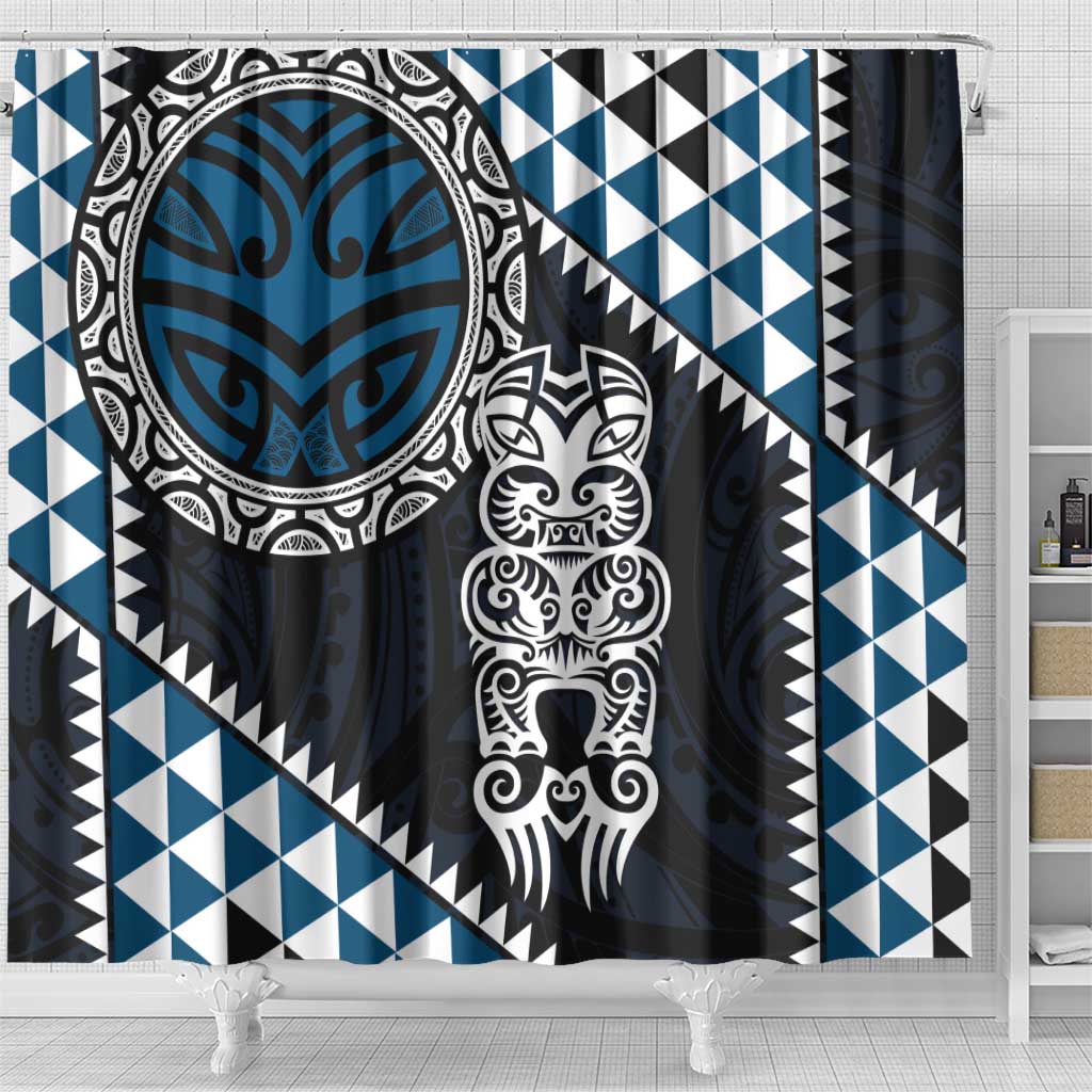 Blue Aotearoa Niho Taniwha Shower Curtain Maori Mythology Tooth - Taniko Motifs