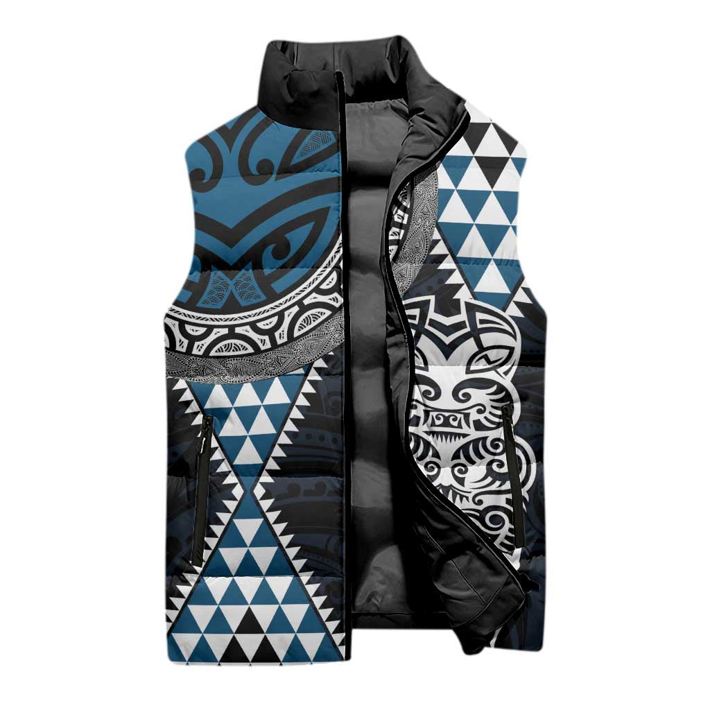 Blue Aotearoa Niho Taniwha Sleeveless Puffer Jacket Maori Mythology Tooth - Taniko Motifs - Polynesian Pride