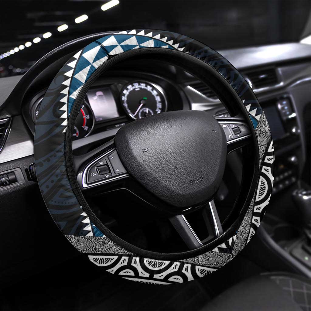 Blue Aotearoa Niho Taniwha Steering Wheel Cover Maori Mythology Tooth - Taniko Motifs LT14 Universal Fit Blue - Polynesian Pride