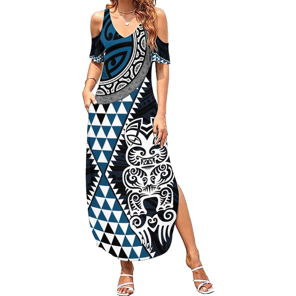 Blue Aotearoa Niho Taniwha Summer Maxi Dress Maori Mythology Tooth - Taniko Motifs LT14 Women Blue - Polynesian Pride