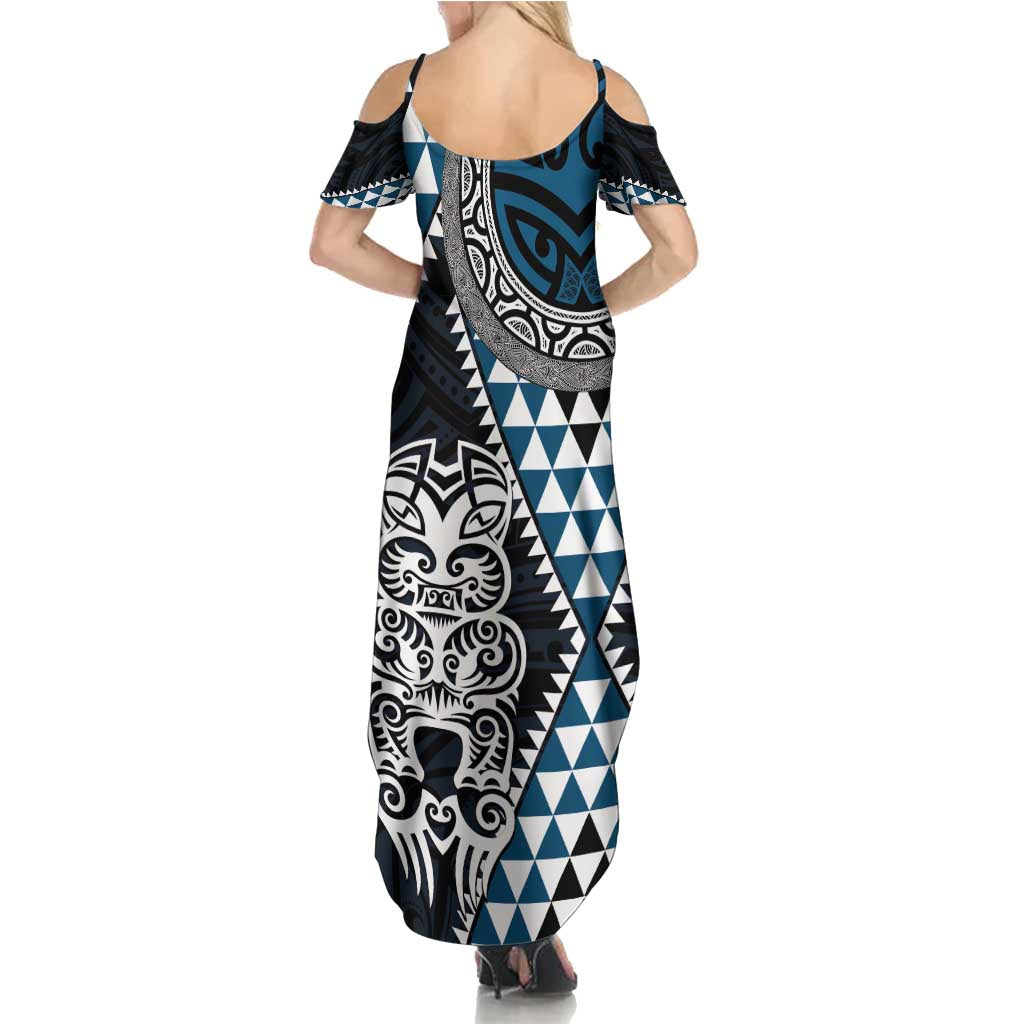 Blue Aotearoa Niho Taniwha Summer Maxi Dress Maori Mythology Tooth - Taniko Motifs LT14 - Polynesian Pride