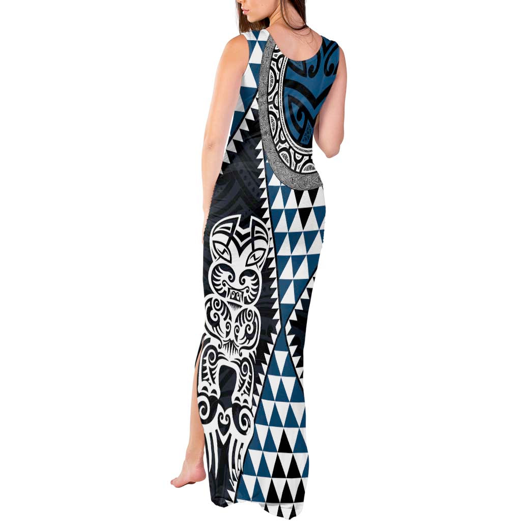 Blue Aotearoa Niho Taniwha Tank Maxi Dress Maori Mythology Tooth - Taniko Motifs LT14 - Polynesian Pride