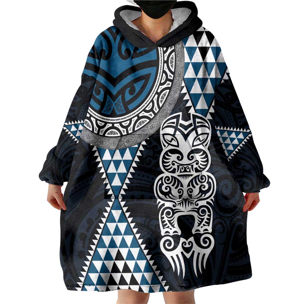Blue Aotearoa Niho Taniwha Wearable Blanket Hoodie Maori Mythology Tooth - Taniko Motifs LT14 - Polynesian Pride