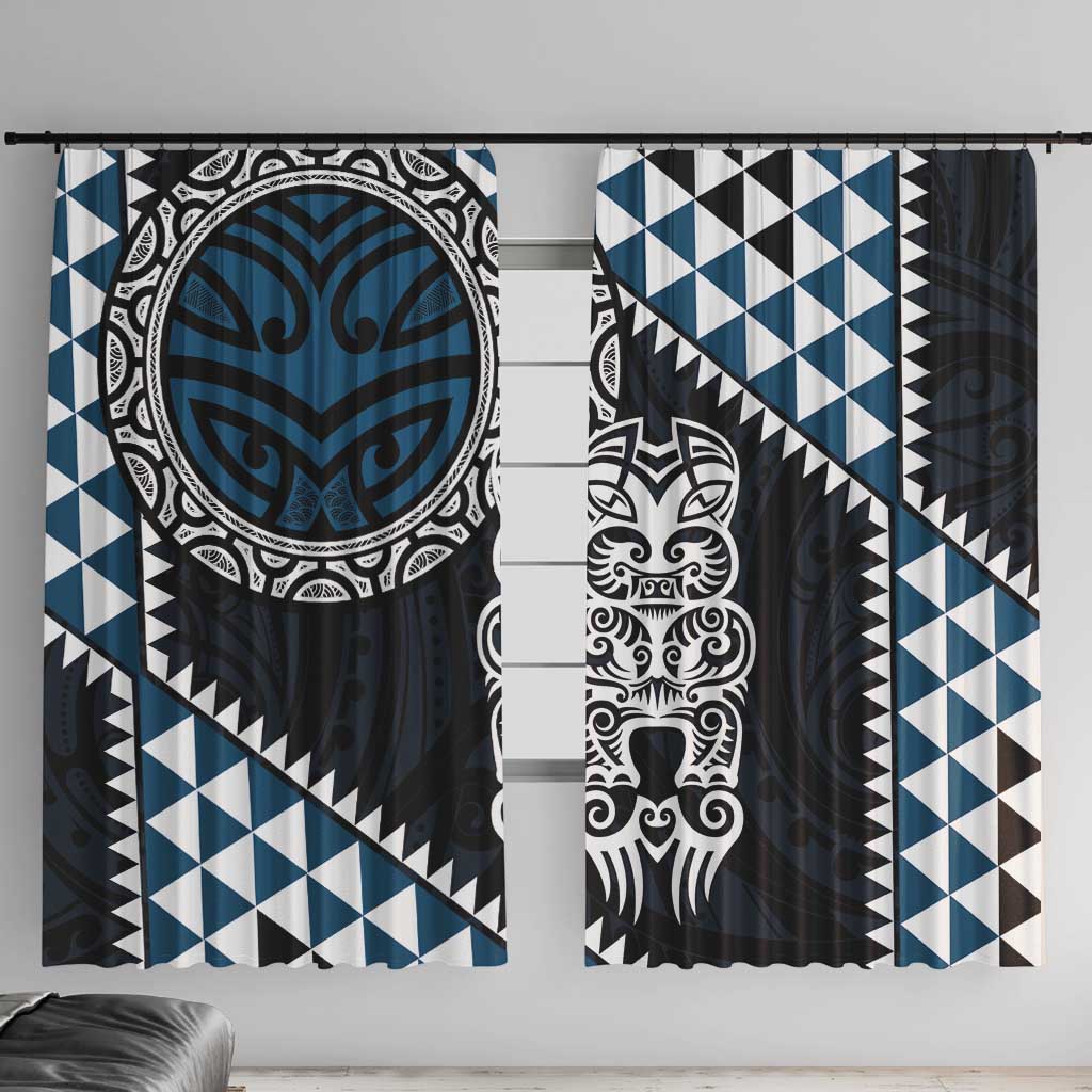 Blue Aotearoa Niho Taniwha Window Curtain Maori Mythology Tooth - Taniko Motifs LT14 With Hooks Blue - Polynesian Pride