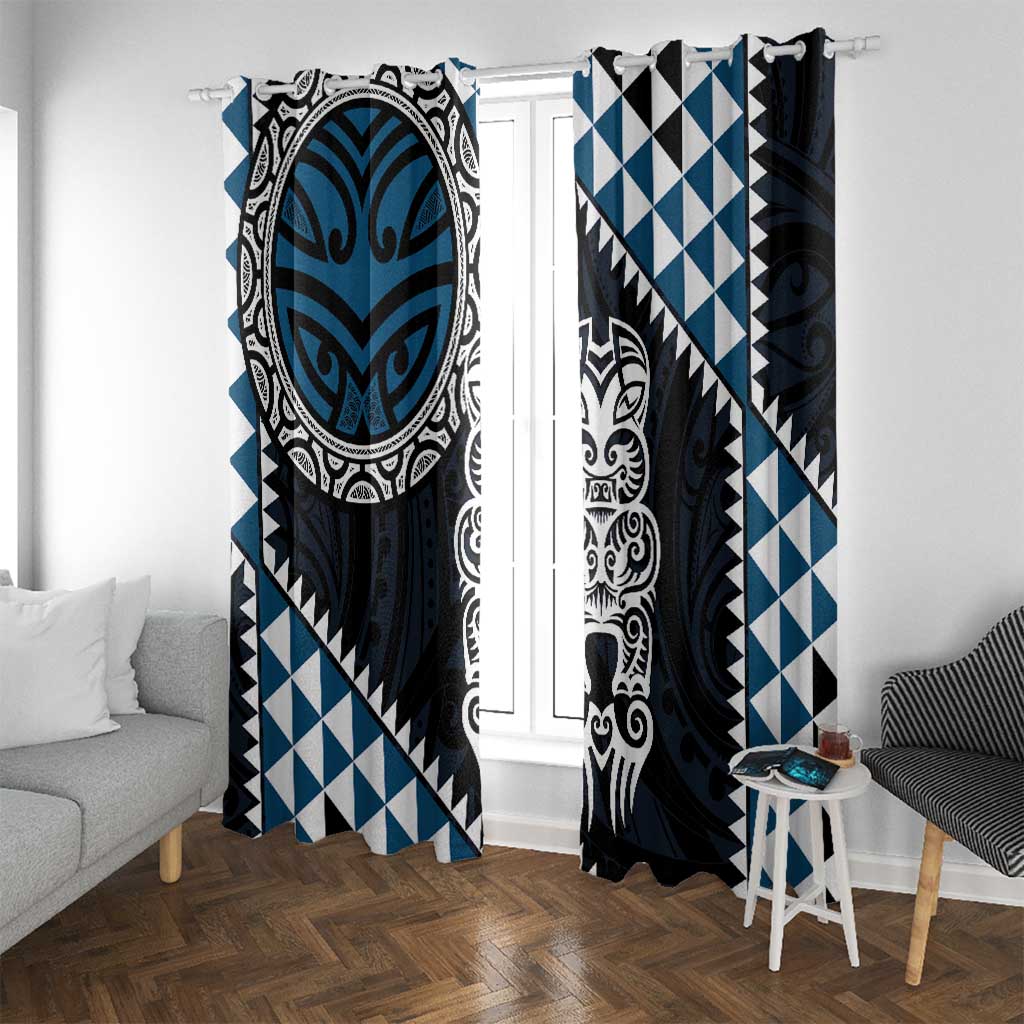 Blue Aotearoa Niho Taniwha Window Curtain Maori Mythology Tooth - Taniko Motifs LT14 With Grommets Blue - Polynesian Pride