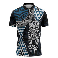 Blue Aotearoa Niho Taniwha Zipper Polo Shirt Maori Mythology Tooth - Taniko Motifs - Polynesian Pride