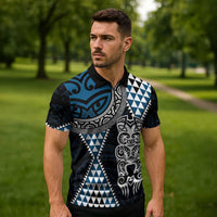 Blue Aotearoa Niho Taniwha Zipper Polo Shirt Maori Mythology Tooth - Taniko Motifs - Polynesian Pride