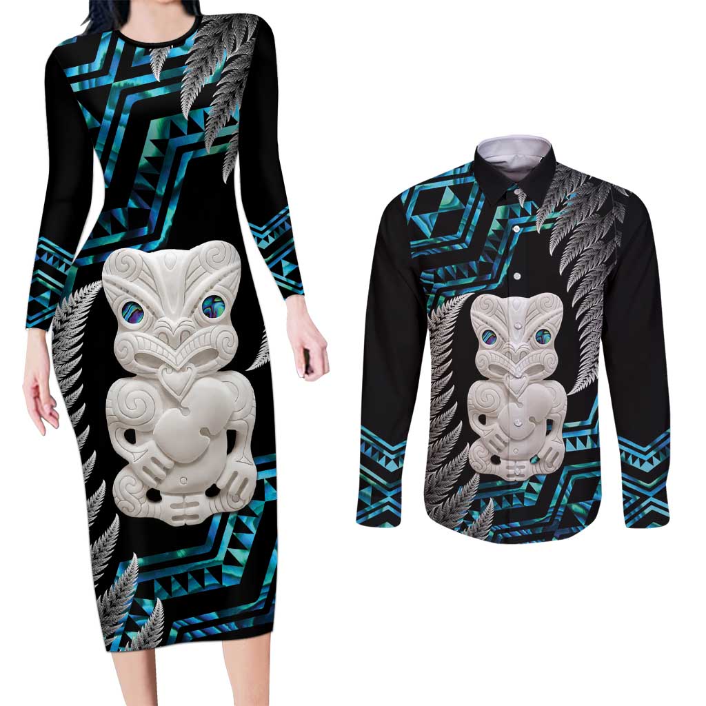 Aotearoa Taniko Paua Shell With Hei Tiki Couples Matching Long Sleeve Bodycon Dress and Long Sleeve Button Shirt LT14 Black - Polynesian Pride