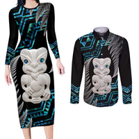 Aotearoa Taniko Paua Shell With Hei Tiki Couples Matching Long Sleeve Bodycon Dress and Long Sleeve Button Shirt LT14 Black - Polynesian Pride
