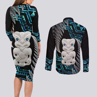 Aotearoa Taniko Paua Shell With Hei Tiki Couples Matching Long Sleeve Bodycon Dress and Long Sleeve Button Shirt LT14 - Polynesian Pride