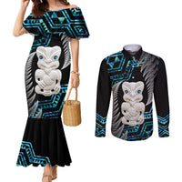 Aotearoa Taniko Paua Shell With Hei Tiki Couples Matching Mermaid Dress and Long Sleeve Button Shirt LT14 Black - Polynesian Pride