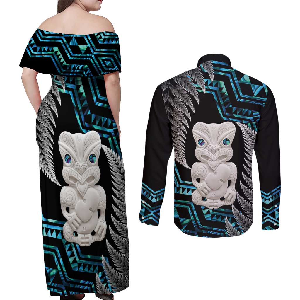 Aotearoa Taniko Paua Shell With Hei Tiki Couples Matching Off Shoulder Maxi Dress and Long Sleeve Button Shirt LT14 - Polynesian Pride