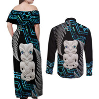 Aotearoa Taniko Paua Shell With Hei Tiki Couples Matching Off Shoulder Maxi Dress and Long Sleeve Button Shirt LT14 - Polynesian Pride