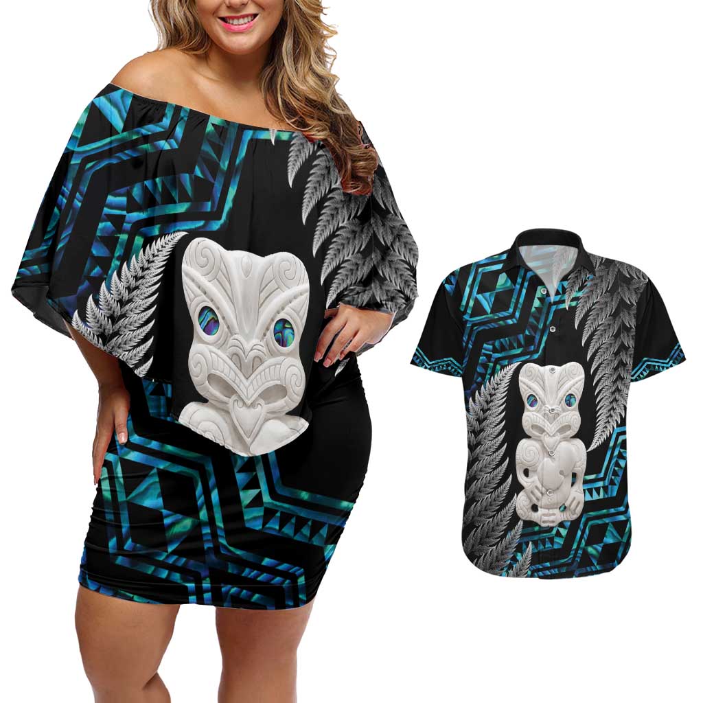 Aotearoa Taniko Paua Shell With Hei Tiki Couples Matching Off Shoulder Short Dress and Hawaiian Shirt LT14 Black - Polynesian Pride