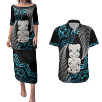 Aotearoa Taniko Paua Shell With Hei Tiki Couples Matching Puletasi and Hawaiian Shirt LT14 Black - Polynesian Pride