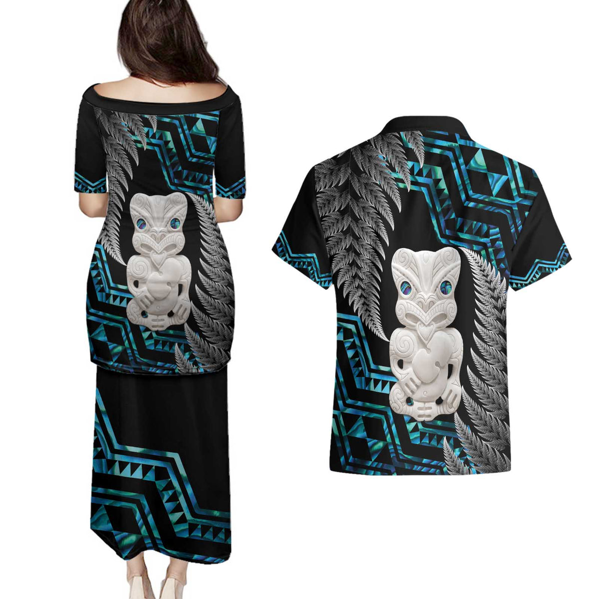 Aotearoa Taniko Paua Shell With Hei Tiki Couples Matching Puletasi and Hawaiian Shirt LT14 - Polynesian Pride
