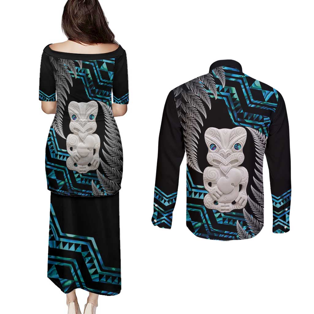 Aotearoa Taniko Paua Shell With Hei Tiki Couples Matching Puletasi and Long Sleeve Button Shirt LT14 - Polynesian Pride