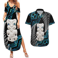 Aotearoa Taniko Paua Shell With Hei Tiki Couples Matching Summer Maxi Dress and Hawaiian Shirt LT14 Black - Polynesian Pride