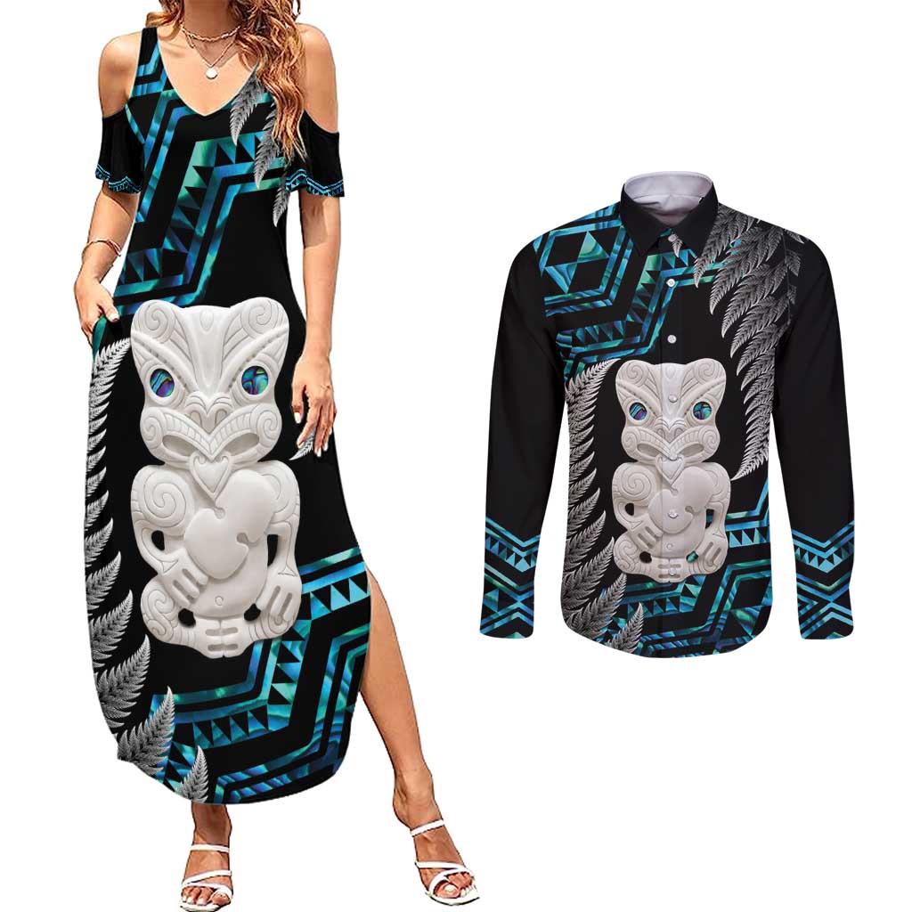 Aotearoa Taniko Paua Shell With Hei Tiki Couples Matching Summer Maxi Dress and Long Sleeve Button Shirt LT14 Black - Polynesian Pride