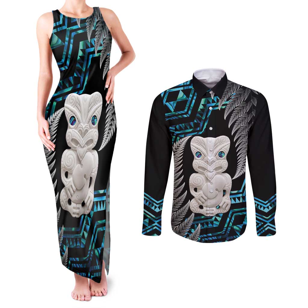 Aotearoa Taniko Paua Shell With Hei Tiki Couples Matching Tank Maxi Dress and Long Sleeve Button Shirt LT14 Black - Polynesian Pride