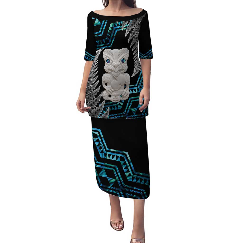 Aotearoa Taniko Paua Shell With Hei Tiki Puletasi LT14 Long Dress Black - Polynesian Pride