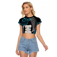Aotearoa Taniko Paua Shell With Hei Tiki Raglan Cropped T Shirt LT14 Female Black - Polynesian Pride