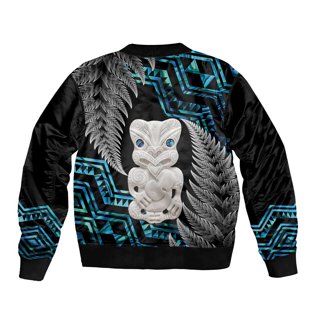 Aotearoa Taniko Paua Shell With Hei Tiki Sleeve Zip Bomber Jacket